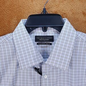 BLOOMINGDALES Shirt Mens Size 15 32 33 Blue Grid Check Plaid Button Up Stretch